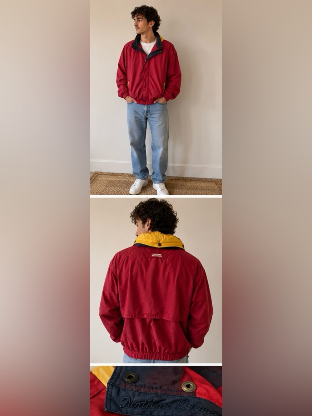 Vintage Northern Elements Windbreaker Jacket Men’s Medium Red Yellow Hooded - Picture 2 of 11